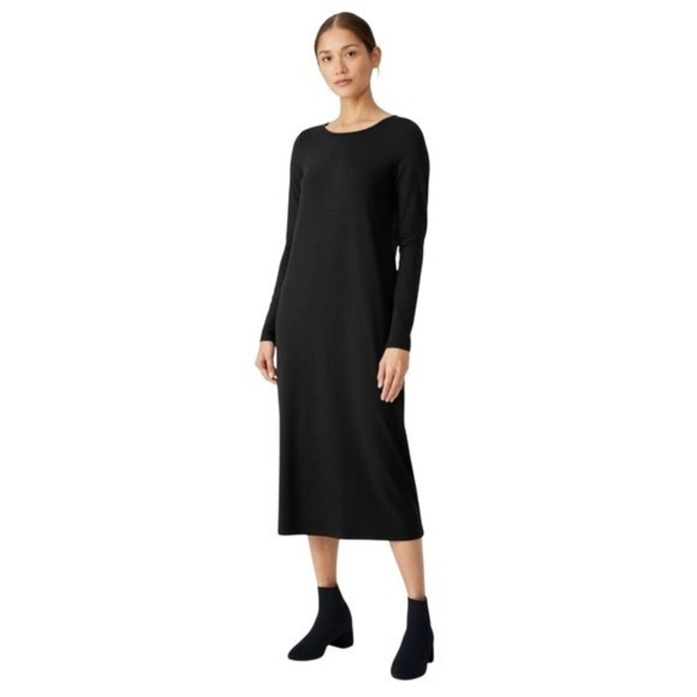 Eileen Fisher Black Stretch Jersey Shift Dress Women's M Minimalist Made in USA